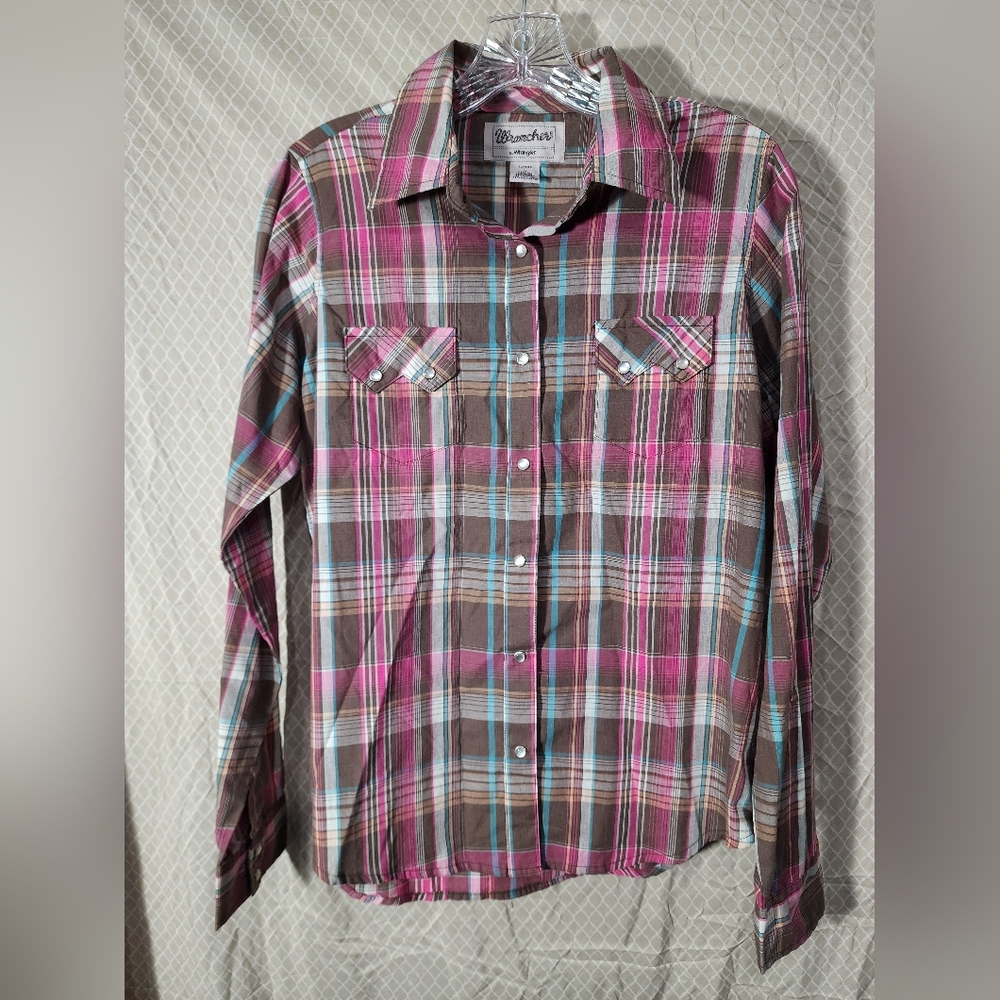 Vintage Wrangler Western Multicolor Plaid MOP Snap Front Shirt Women's Large